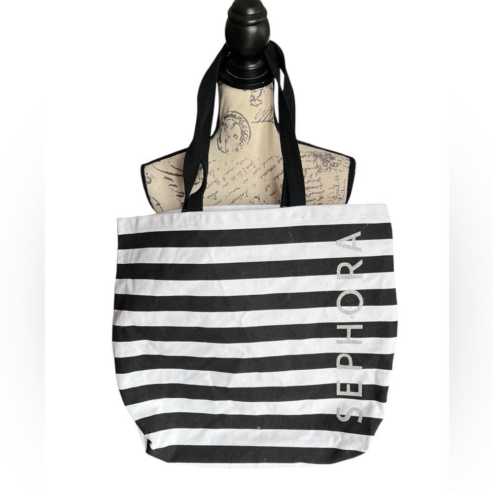 Sephora black-and-white striped reusable shopping tote